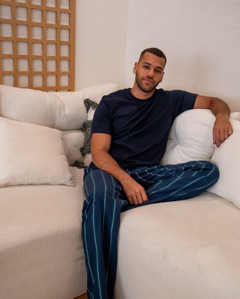 Men summer pajama set Dark Blue T-shirt + Dark Blue X Dark Green Striped Pants